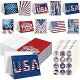 Tisancy 100 Sets Patriotic Greeting Cards with Envelopes Stickers American Flag Patriotic Thank You Cards for Military Veteran July 4th Memorial Day(Vivid Flag)