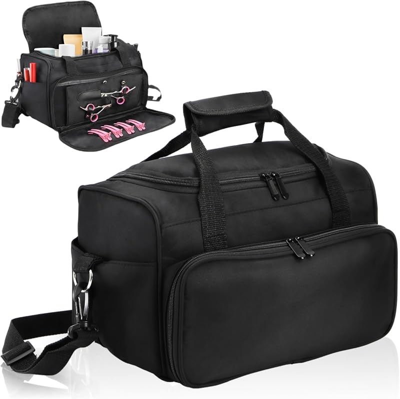 Necessaire de viagem Eorbow para cabeleireiro, organizador preto de poliéster com divisórias, bolsos e alça, 38,1 x 20,32 x 22,86 cm