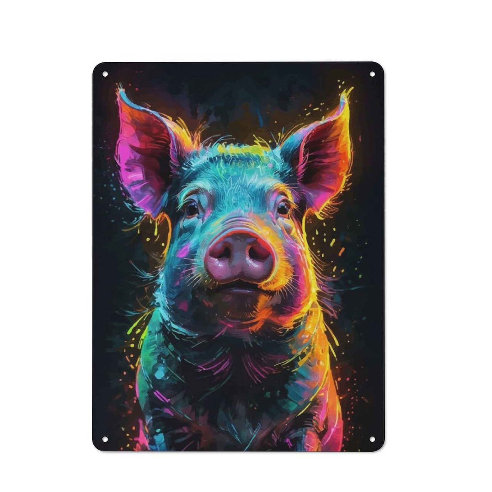 40x30cm Retro Metal Sign with Neon Pig Watercolor Portrait for Home Office Or Studio, Suited to Wall Displays in Home Offices And Studios