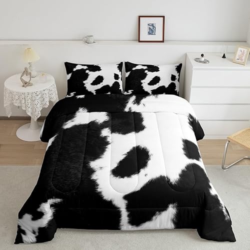 Miniatura 10 de Juego de edredón de piel de vaca, edredón de plumón con estampado de vaca, juegos de ropa de cama de teñido anudado negro y marrón para niños y