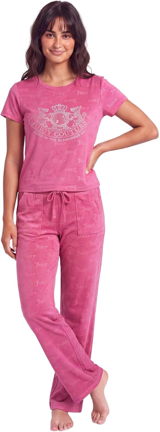 Juicy Couture Women's 2 Piece Velvet Fleece Short Sleeve Shirt and Pants Lounge Sleepwear Set