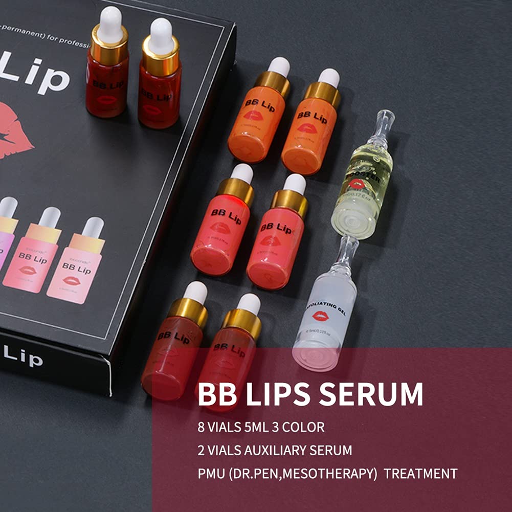 BB Lips Serum Kit, Semi Permanent Lip Make-up Treatment, 4 Color Lip Gloss Lip Tint for Lip Pigment Professional Makup Kit, Including 4 Colors Liquid Lip Pigments, Exfoliating Gel and Booster