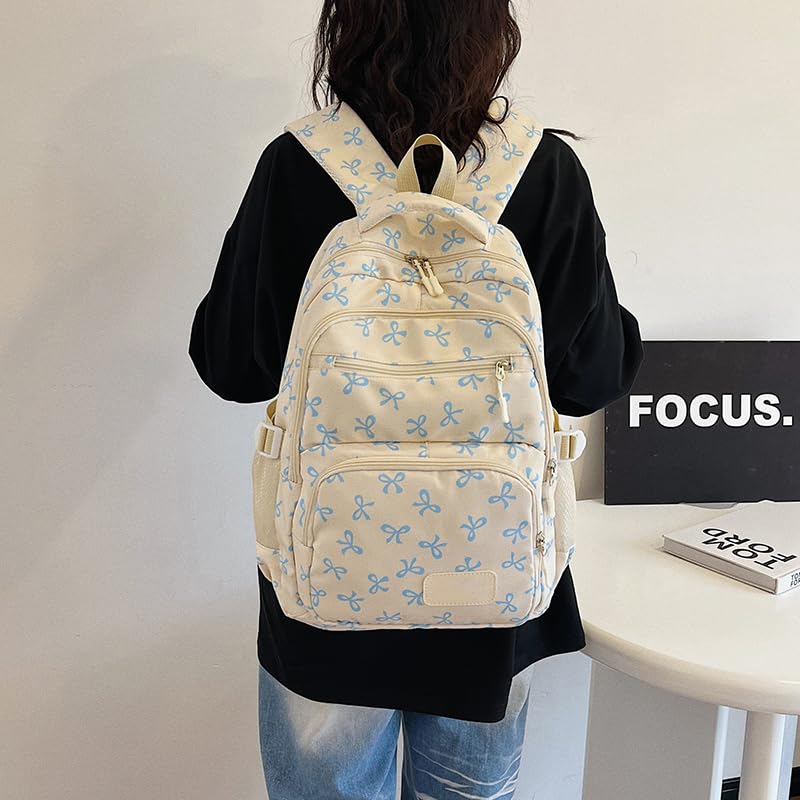 Bow Backpack for Women Coquette Aesthetic Nylon Rucksack Cute Kawaii Backpack 3Pcs Set With Bow Pattern (White Blue)3