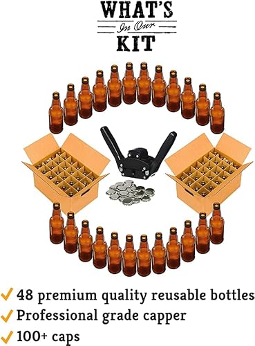 Craft A Brew - Home Brewing Deluxe Bottling Kit - 48 Amber Glass Bottles - Includes Capper And 100+ Caps #TOP1