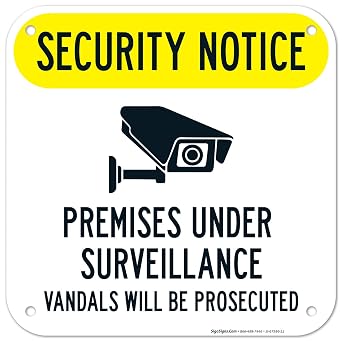 Premises Under Surveillance Vandals Will Be Prosecuted Sign, 12x12 Inches, 55 mil Thick HDPE high Density polyethylene, Made in USA