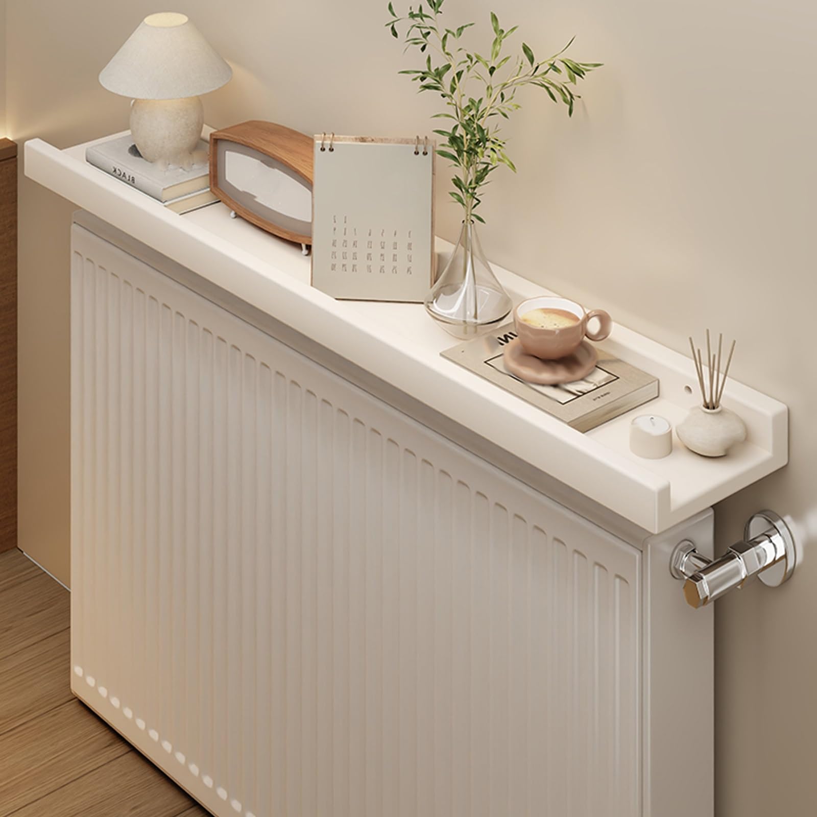 Balda Radiador de Pared de MDF, Cubreradiador, Baldas Flotantes Pared, Bordes Elevados para Evitar Caídas, para El Hogar, Sala de Estar, Dormitorio, Capacidad de Carga 25 Kg(White,90*12cm/35*5in)