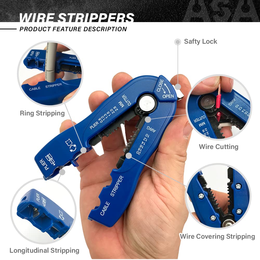 ASA TOOLS CSB - Pelacables y cortador, múltiples herramientas de pelado de cables resistentes para pelar cables, cortar (cuchillas dobles), profundidad de hoja ajustable, pelado de cables y
