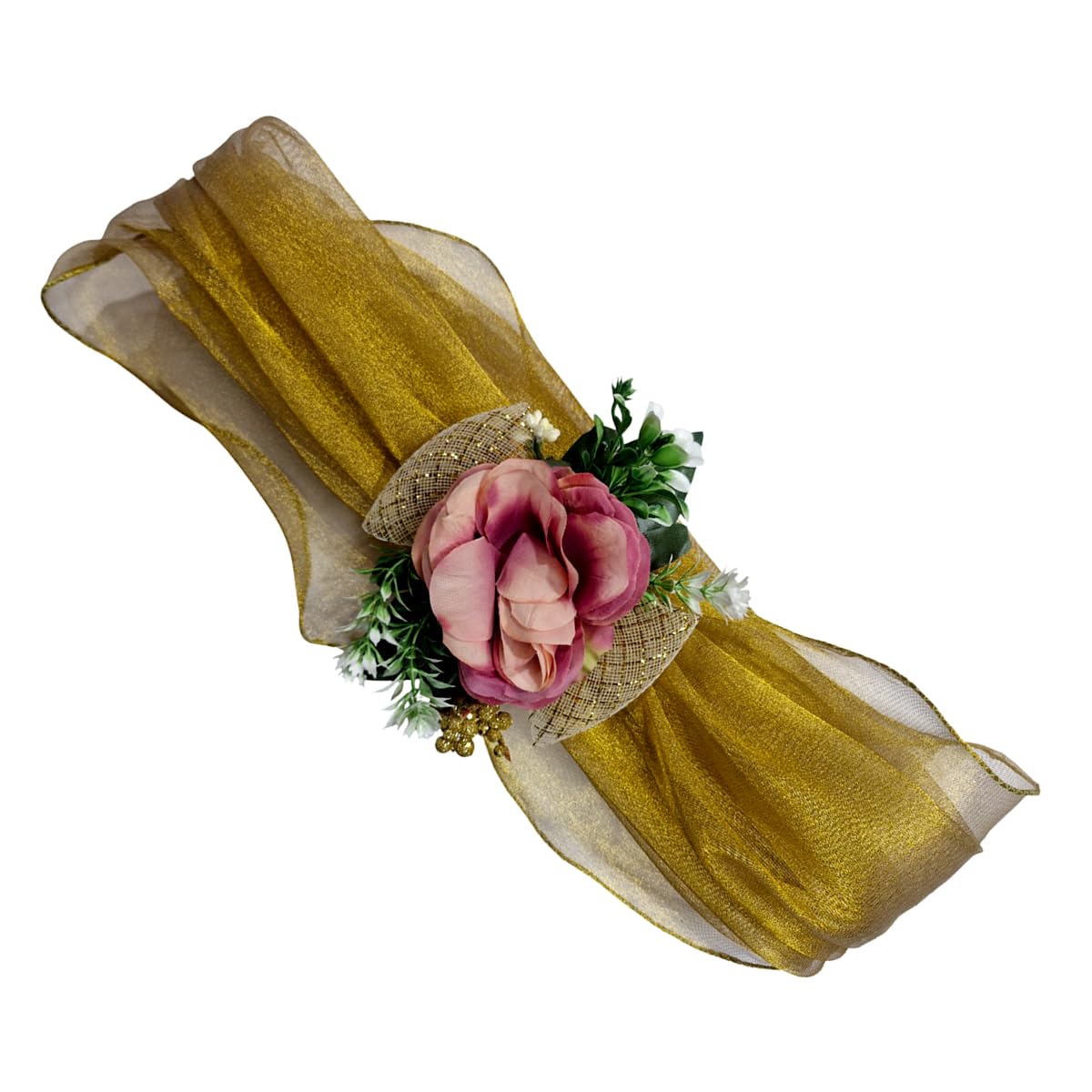 WRAPPING STUDIO One Meter Each Net Band Set of 4 with Artificial Floral Embellishments for Gift Packing, Decoration, Gifting, Trousseau Packing, Hampers (Golden)