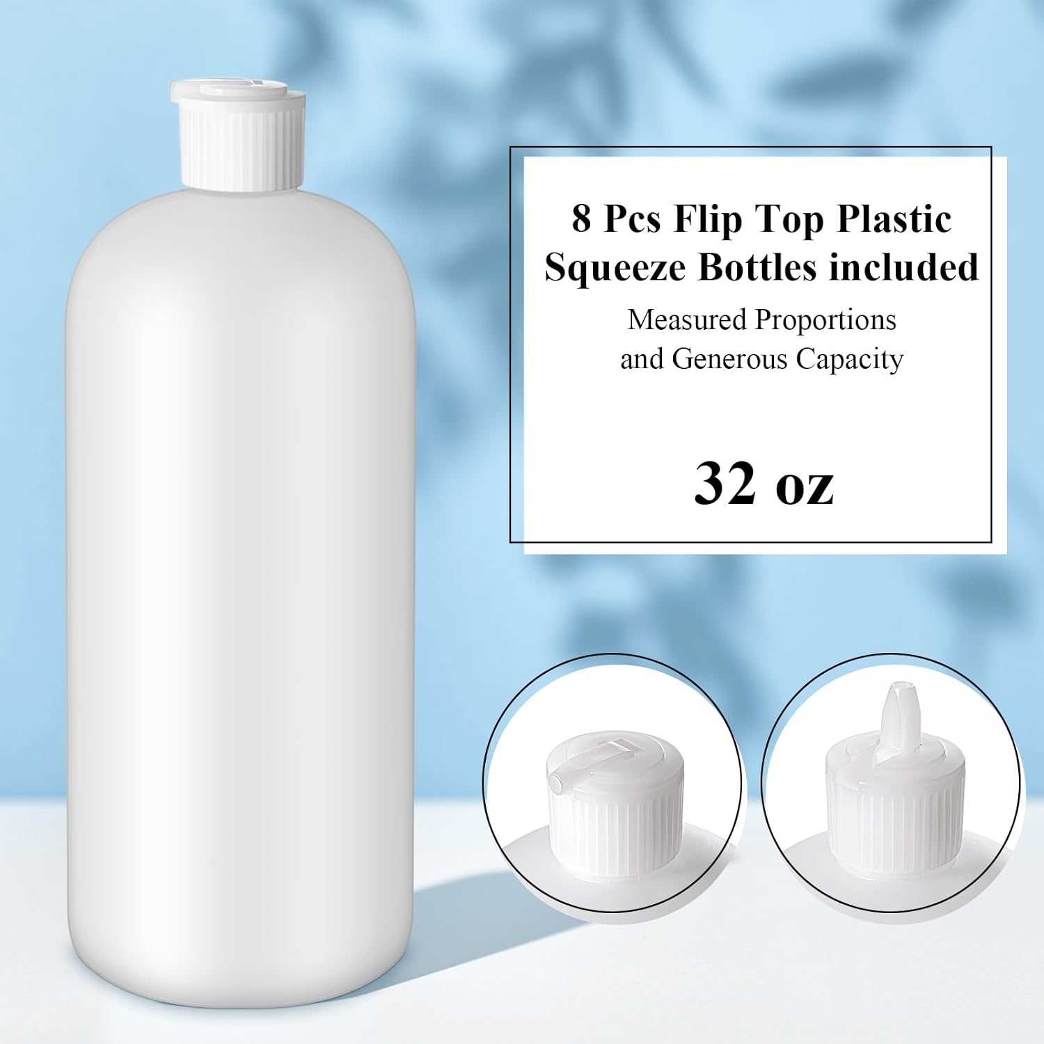 Tioncy 8 Pcs Flip Top Plastic Squeeze Bottles - 32 oz Squeeze Bottle with Dispenser Caps for Shampoo, Body Wash, Sauce and More, Natural White
