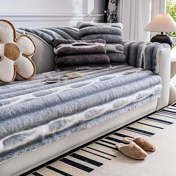 Imitation Rabbit Plush Sofa Cover, Pets Dog Friendly Couch Cover, Thick Fuzzy Non Slip Sofa Slipcover, Furniture Protector, for Bedroom Living Room Decor LightCyan,Backrest 27.5 * 27.5in