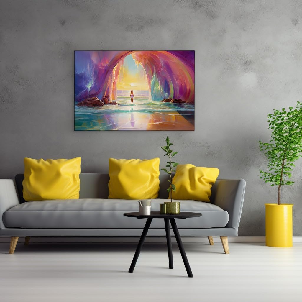 Canvas for Living room. Ocean's Embrace: A Serene Vision in White Against the Vivid Sunset Palette, 27 x 18 inch Canvas Wall Art - Top Worldwide Beaches - Modern Home Decor - 69x46 cm (27x18 inch)