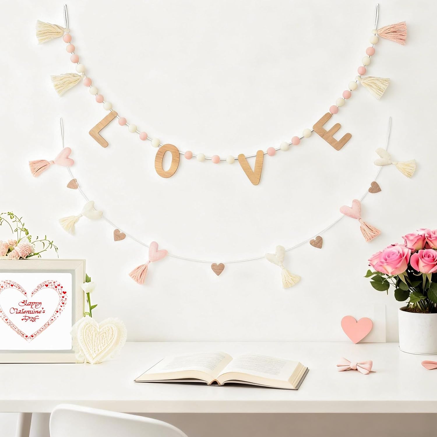 Condition photo showing New/Like New for dn deconation 50 inch valentine garland with wood love letters, pink white pom pom & tassel hearts banner for wedding party background decor, romantic home decoration