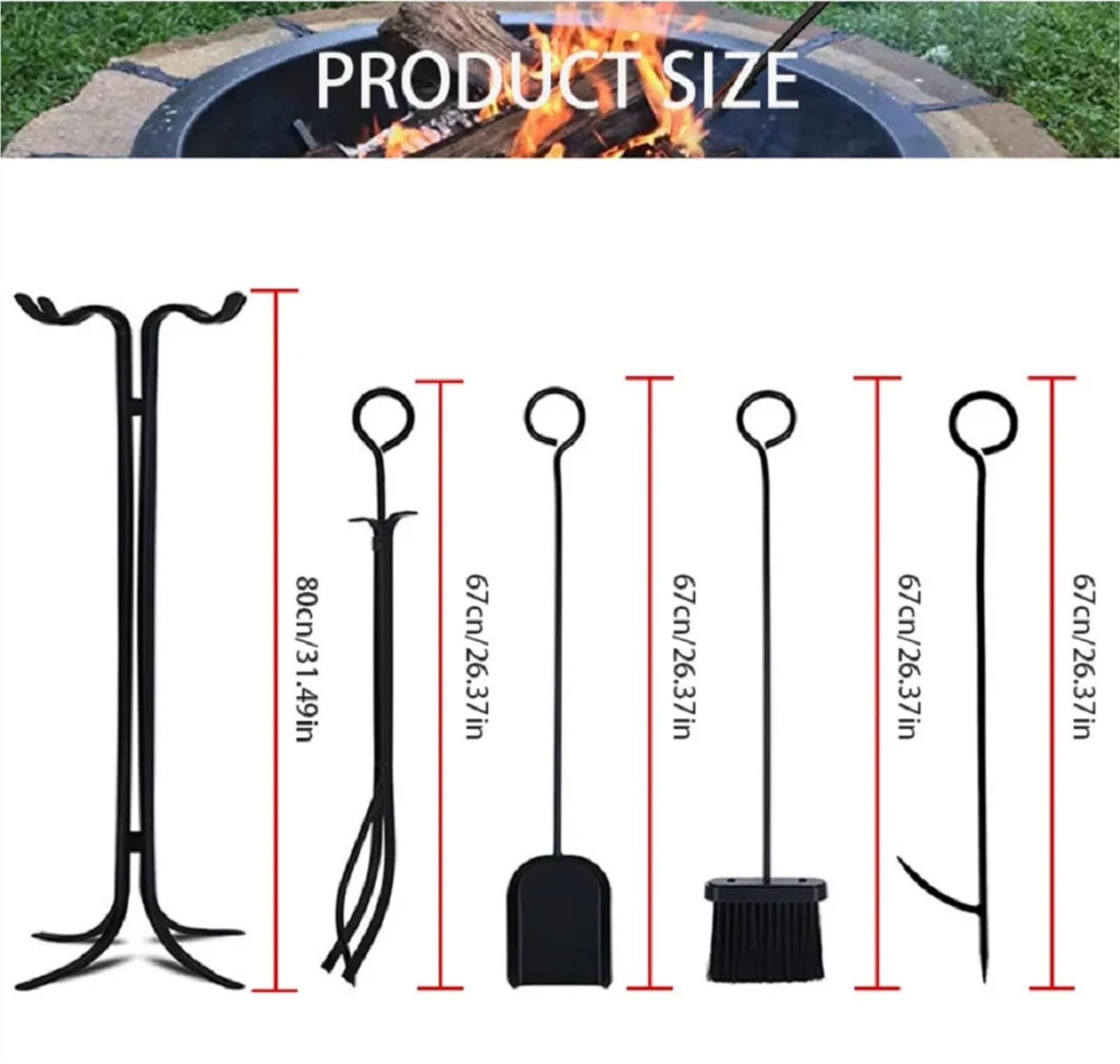 Juego de Limpieza de Chimenea de Hierro Forjado de 5 Piezas. Incluye Pala para Cenizas, Escoba, recogedor y Pinzas. Herramientas específicas para Chimenea. Color Negro. Estilo B.