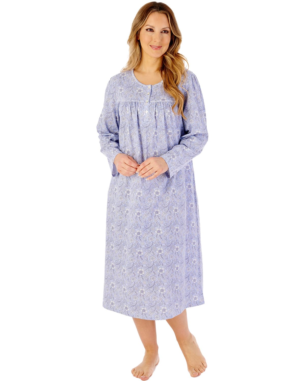 Slenderella Indi Print 45" Long Sleeve Jersey Nightdress ND08107 Blue 20-22