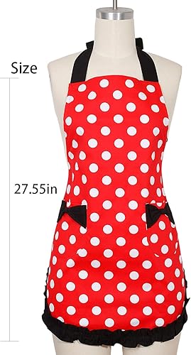 Miniatura 4 de Zeronal - Delantales de cocina clásicos Coqueto Mujer Niña Arco nudo Algodón Lunares Delantal de cocina Delantal clásicos con bolsillos