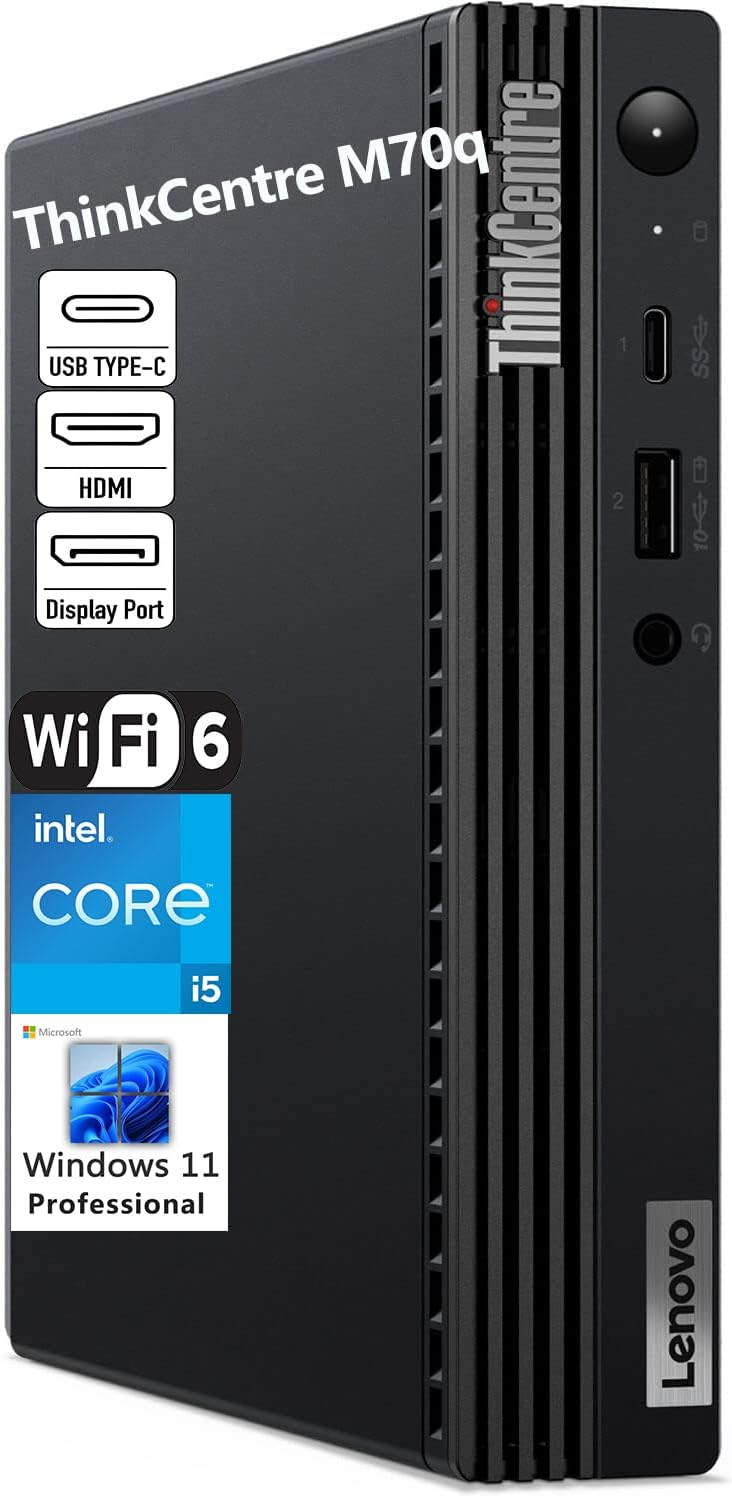 Lenovo ThinkCentre M70q Business Mini PC Desktop Computer, 32GB DDR4 RAM, 1TB PCIe SSD, Intel 6-Core i5-10400 (Beat i7-8700), WiFi 6, Bluetooth, Wireless Antenna, Keyboard & Mouse, Windows 11 Pro