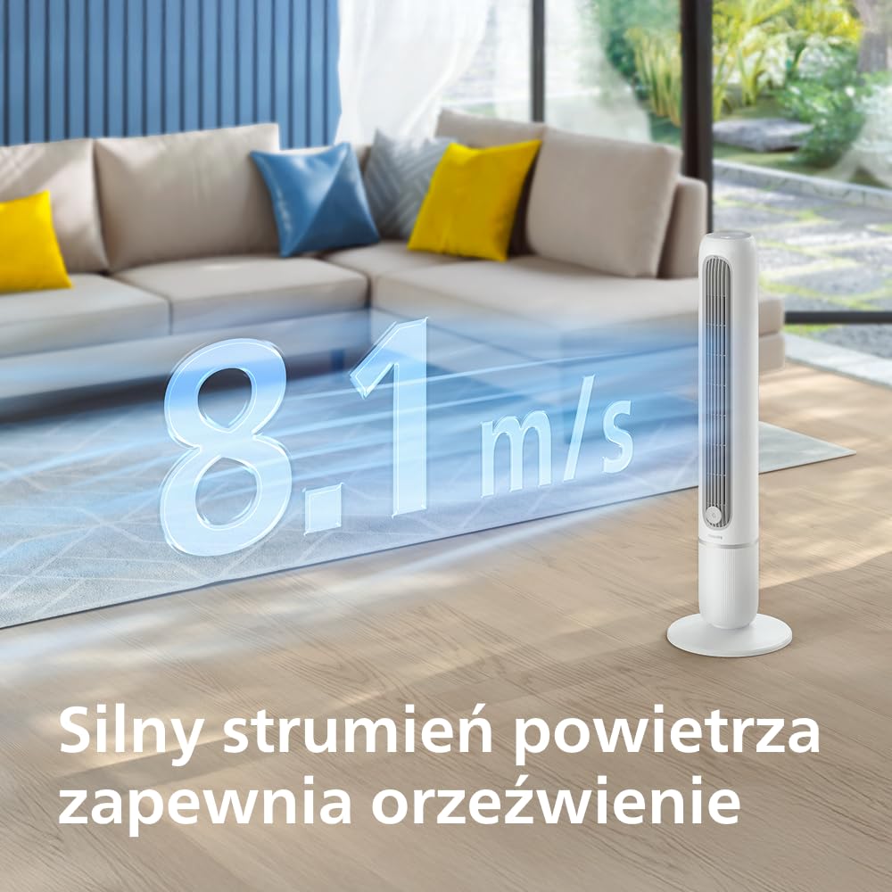 Philips Wentylator kolumnowy serii 5000. Mocny 8,1 m/s, a jednocześnie ultracichy 24 dB(A), niskie zużycie energii, 5 ustawień prędkości, tryb nocny, timer do 9 godz., oscylacja 80° (CX5550/00)