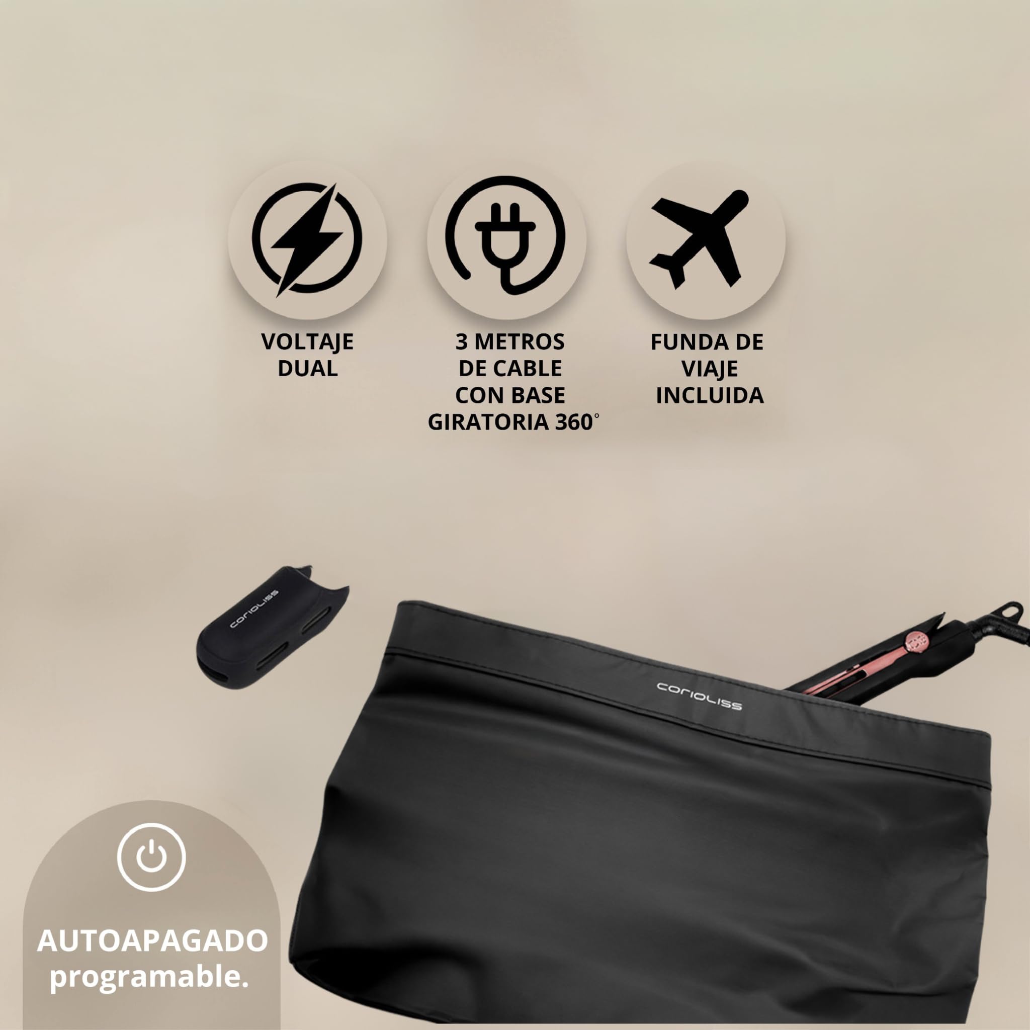 Corioliss C3 | Plancha del pelo Profesional | Placas extralargas de titanio | Alisado y Ondas | Temperatura ajustable 135º-235º | Calentamiento 20 seg | Con funda de Viaje | Black Copper