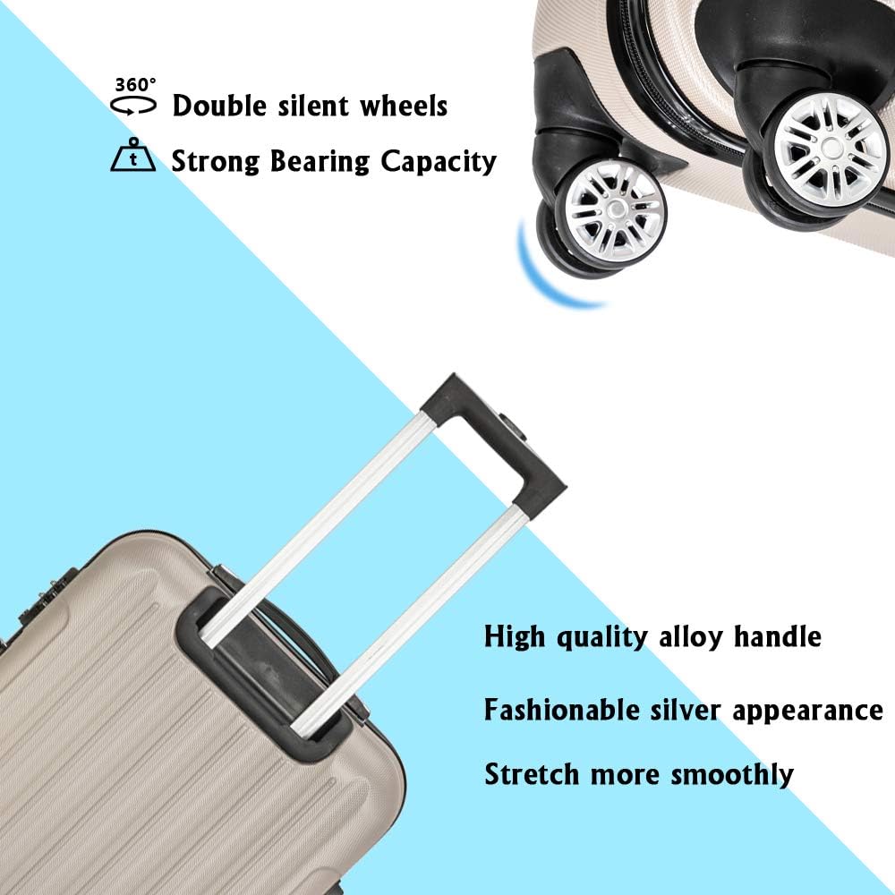 3 Piece Travel Luggage Sets,Hardside Lightweight ABS Luggage Suitcase,360 degree Spinner Wheels Travel Set Bag,Durable Trolley Suitcase 20 inch 24 inch 28 inch (Champagne),01