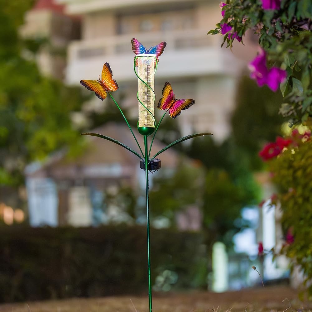 Solar Rain Gauge with 7-Inch Plastic Tube, Butterfly Rain Gauge Outdoor-Decorative Rain Water Gauges Garden Stake for Yard, Lawn, Patio