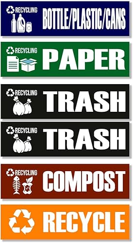 GamesMonkey - Adhesivos de reciclaje para basura, latas de basura de plástico, abono, vidrio y metal, paquete de 6 adhesivos, vinilo impermeable,