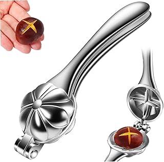 栗むき器 レバー式 アルミ合金製 十字カッター付き 栗割り器 栗皮むき器 鬼皮・渋皮むき ナッツクラッカー 多用途 省力設計 くるみ割り 安全キャップ付き (銀)