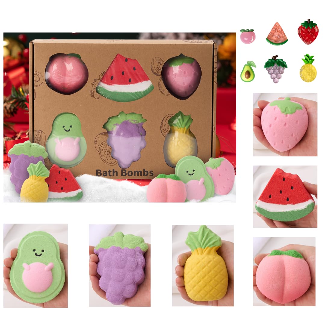 Fruit-Shaped Bath Bombs for Kids Age 3+, Teens Girls, Boys with a Surprise 6 Colorful Large 360 Bath Bombs Handmade Natural & Non-Toxic Moisturising and Relaxing Gift Set for Birthday Spa Day