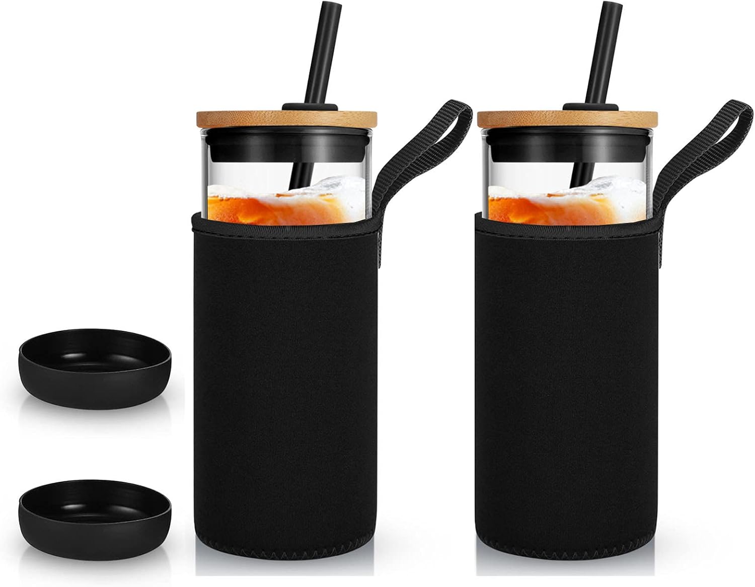  | Tronco Iced Coffee Cup Glass Tumbler with Straw and Bamboo Lid|Wide Mouth Reusable Smoothie Cup with Straw and Insulator Sleeve|Borosilicate Glass Water Bottle with Lid|24oz: Tumblers & Water Glasses