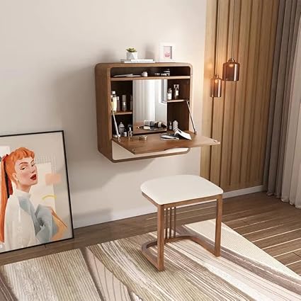 NG Decor Walnut Makeup Vanity and Cushioned Stool Set Wall Mounted Vanity Table & Movable Mirror (Stool Included)