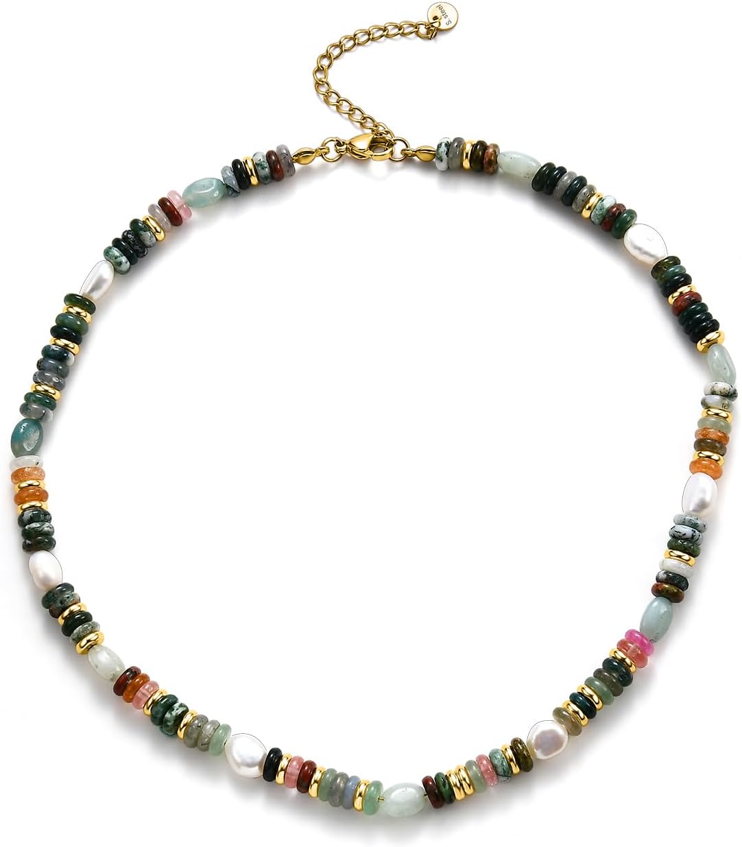 Beaded Gemstone Necklace for Women, Colorful Boho Bead Choker Necklace Natural Stone Freshwater Pearl Surfer Beach Necklace 14K Gold Plated Summer Handmade Jewelry Gifts