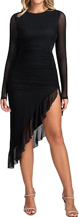 KUTUMAI Long Sleeve Floral Midi Dress Ruffle Slit Ruched Bodycon Fall Cocktail Wedding Guest Dresses for Women