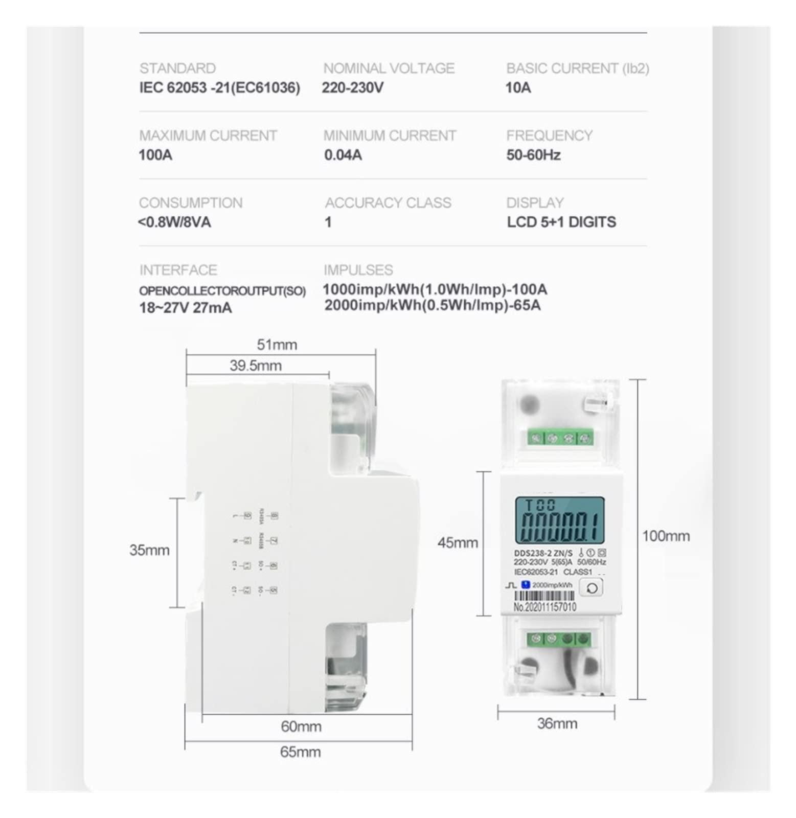 Monitor de energía Split CT 65 A 100 A monofásico multifunción, riel DIN KWH W, medidor de energía, monitor de consumo de energía