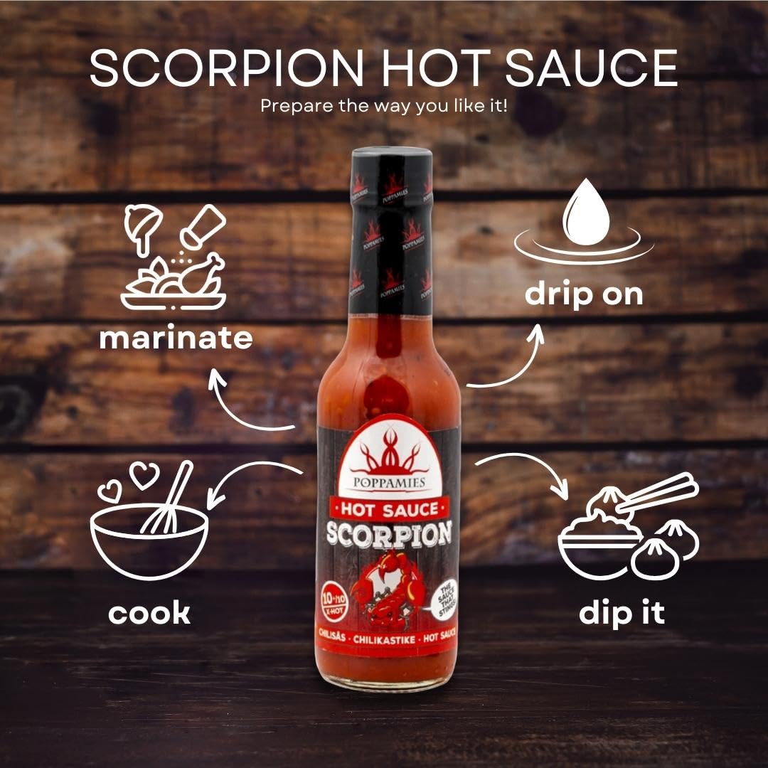 Poppamies Salsa picante Scorpion de Trinidad Chili - Extra Caliente 10+/10 - 150ml Sin Gluten Sin Lactosa Vegano