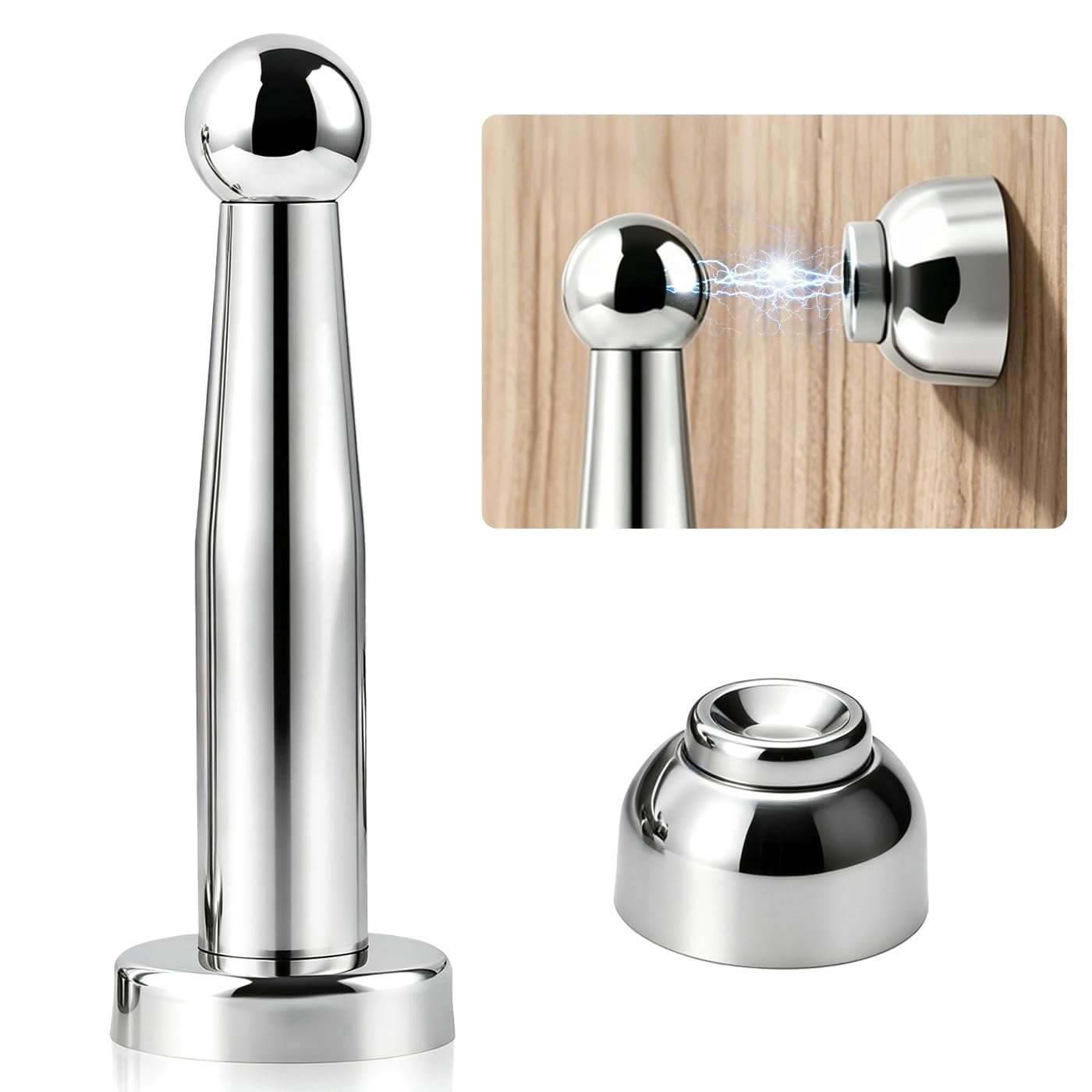 Magnetic Door Stop, 8 Inch Long Door Stoppers for Skirtings, Heavy Duty Doorstop Wall Floor Mounted Soft-Catch Doors Holder Silver