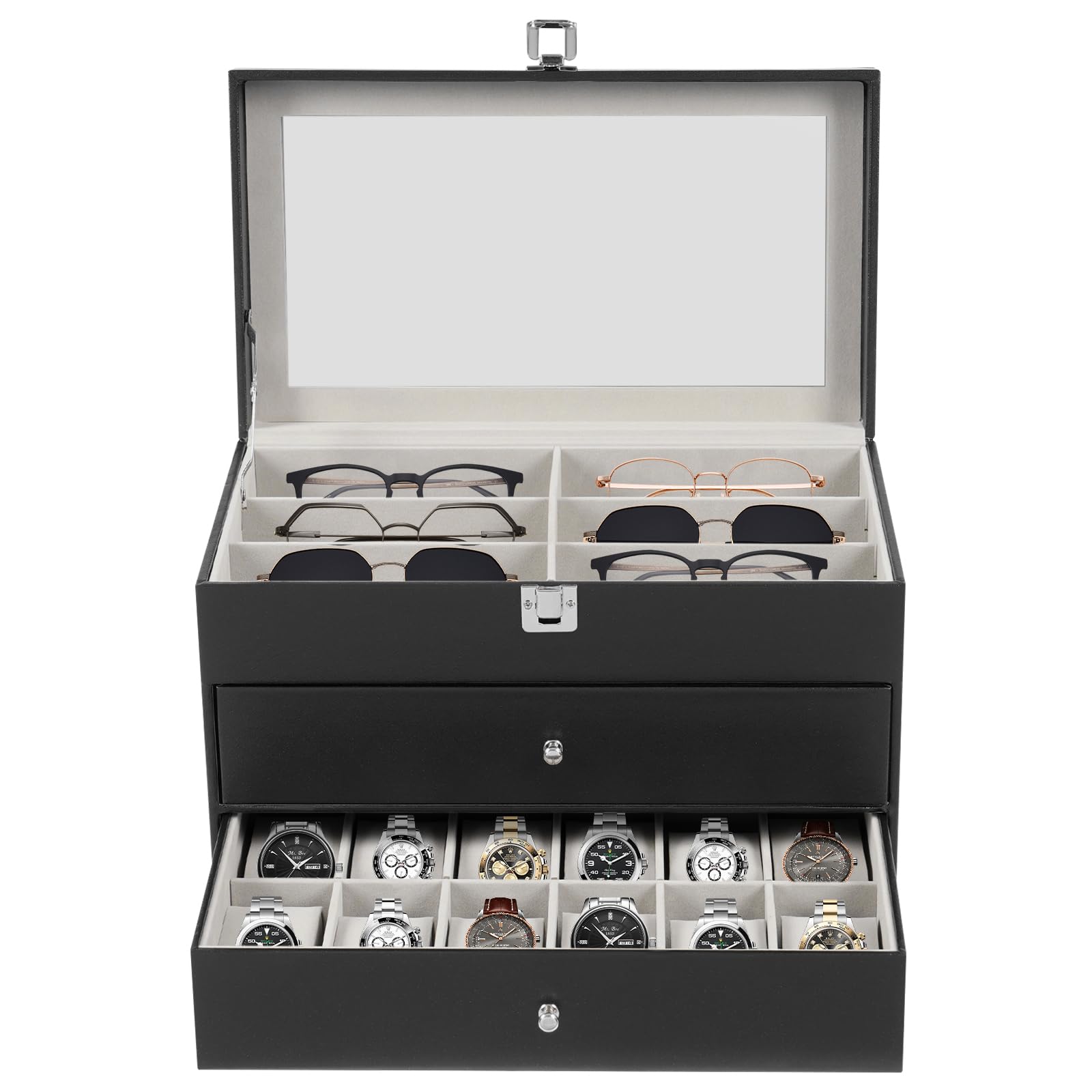 Caja para relojes con 24 compartimentos, caja para gafas, caja de reloj de 3 pisos con tapa de cristal, 12 relojes, 12 gafas, caja de almacenamiento con cajón, resistente al polvo, piel sintética