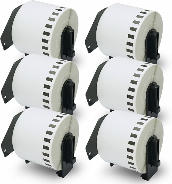 BETCKEY - 6 Rolls DK-22205 Labels Compatible with Brother, 62mm x 30.48m, Continuous Label Using for Brother QL Label Printers[6 Reusable Label Holders]