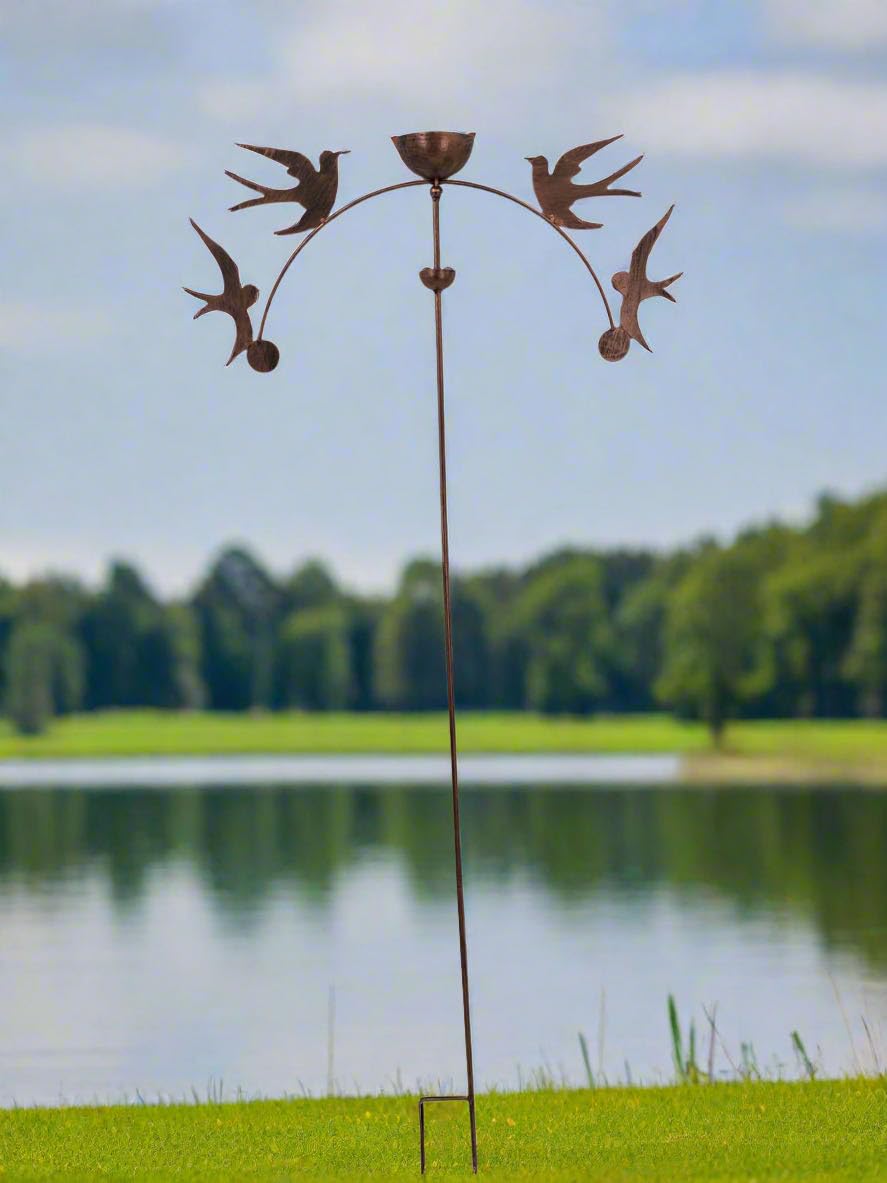 Garden Wind Spinner Stake Design, Metal Decorative Bird Bath, Bronze Finish, Outdoor Yard Art. Handmade powder coated swallows sculpture rocker rain catcher standing at 150cm tall