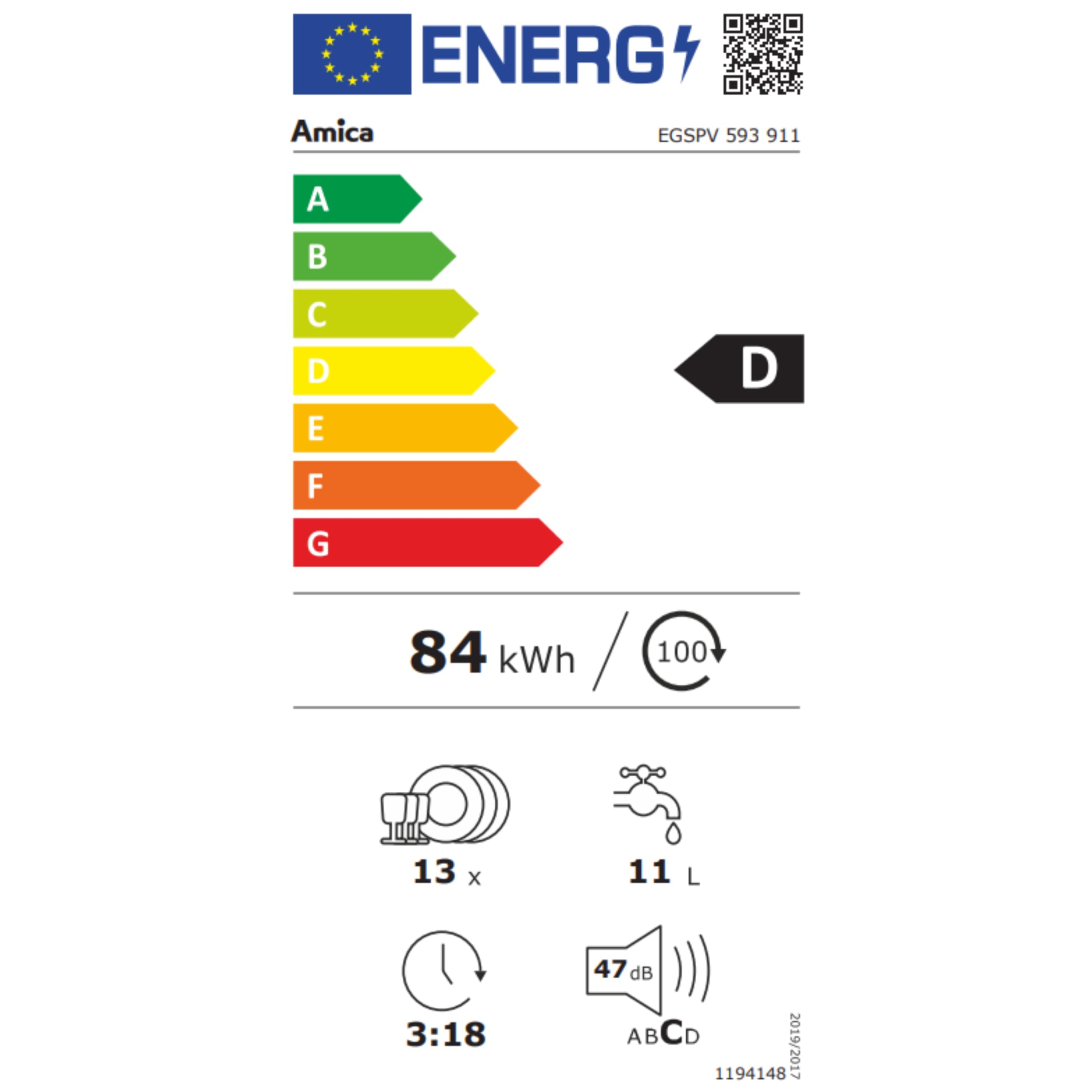 Amica EGSPV 593 911 Einbau-Geschirrspüler 13 Maßgedecke 3 Körbe 47dB Energieeffizienzklasse D
