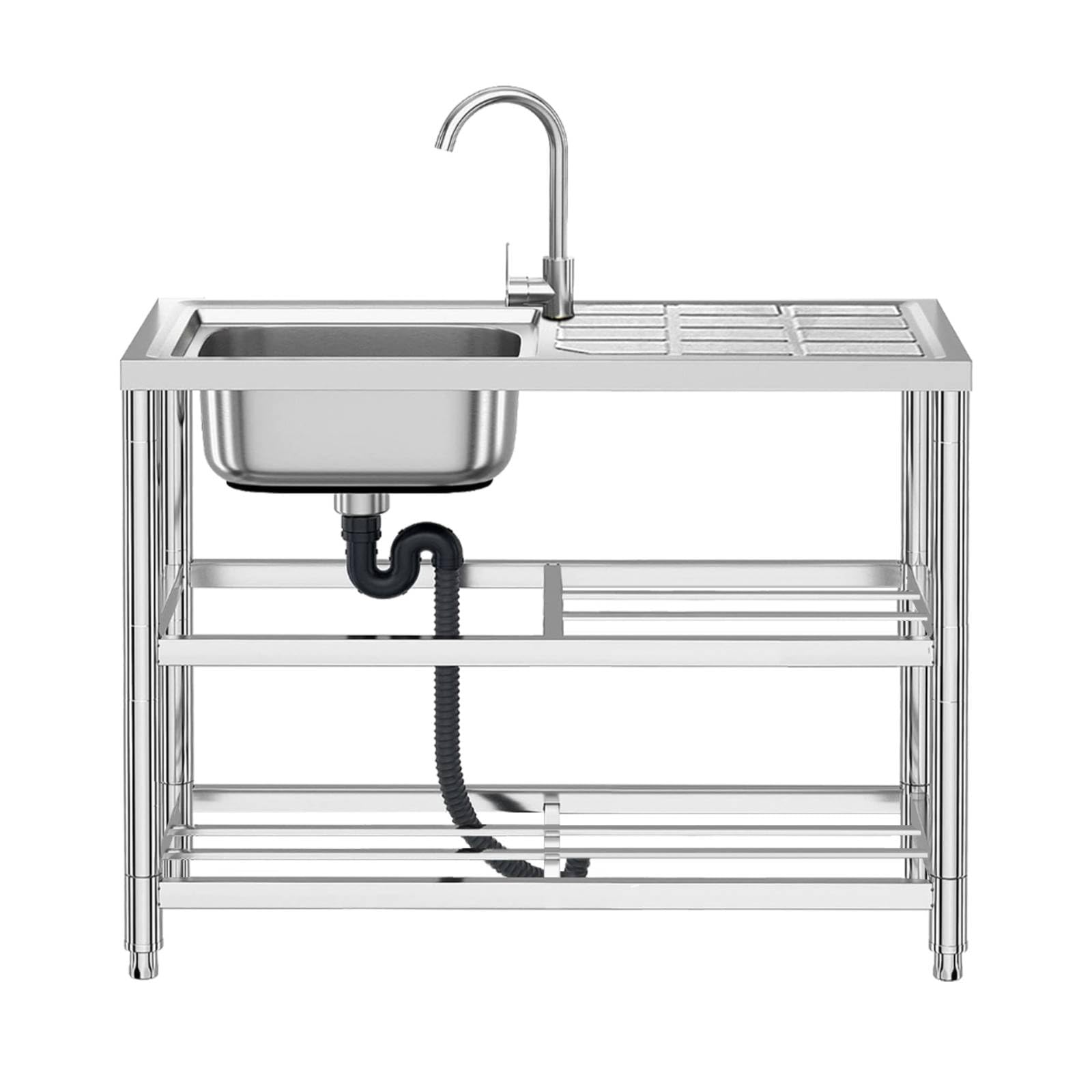 Bostar Fregadero de Cocina Independiente de Acero Inoxidable 75x40x80cm, Lavadero de Un Seno para Agua Fría/Caliente, Mueble con Estante de Almacenamiento para Exterior Garaje Jardín