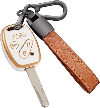 Key Fob Cover for Honda with Leather Keychain, Premium TPU Key Case Compatible with Honda 2003-2015 Accord Fit Civic EX CR-V Pilot Ridgeline Element Remote Smart Car Key Protector4 Buttons Ivory