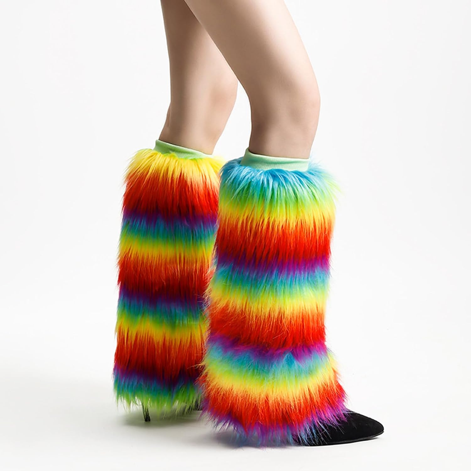 10 Pairs Artificial Furs Boot Cuffs Warm Fuzzy Ankle Sleeves Leg Warmers for Women Winter Indoor Outdoor Thermal Socks(Middle haired rainbo,40cm)