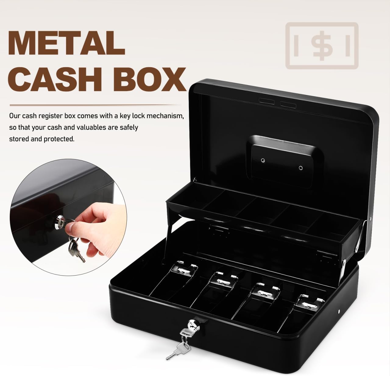 Portable Black Metal Cash Box with Lock and Money Tray Secure Cash Organizer for Small Business and Events 11.81 X 9.44 X 3.54 Inches