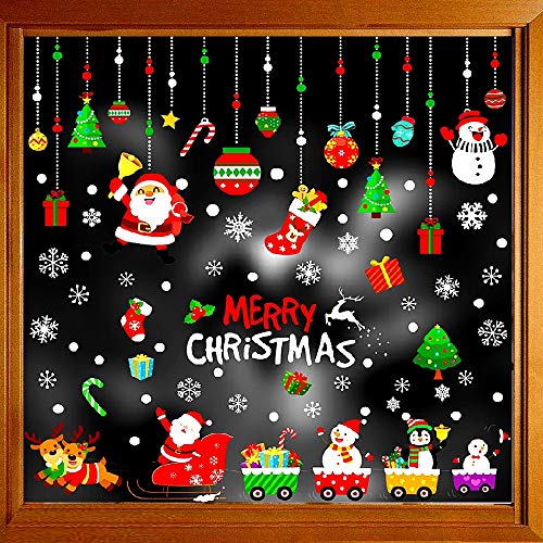 Christmas Decorations Window Clings Large Stickers for Glass(Size of Santa Claus is 7.5in.), Xmas Decor Decals Holiday Snowflake Reindeer Snowman Christmas Tree Stocking, Party Supplies Gift Idea