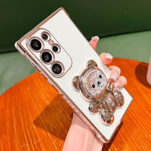 Miniatura 9 de Bonita funda compatible con Samsung Galaxy S22 Ultra de 6.8 pulgadas, cuentas de lujo de color dorado 3D con soporte de oso de dibujos animados para