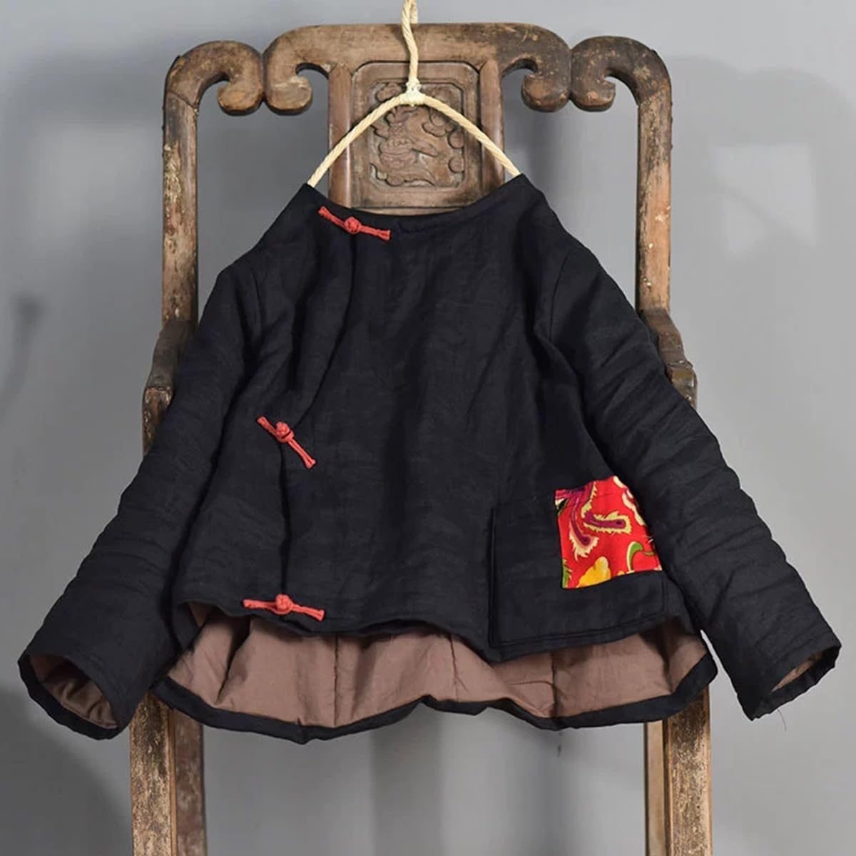 NFYM Traditional Asian Linen Jacket for Women Short Coat Lightweight Quilted with Frog Button Closures and Decorative Patch