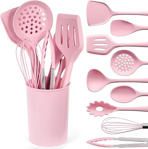 LOVEINUSA Juego de utensilios de cocina, 10 utensilios de cocina de silicona antiadherente, juego de espátulas resistentes al calor de 446 F, con