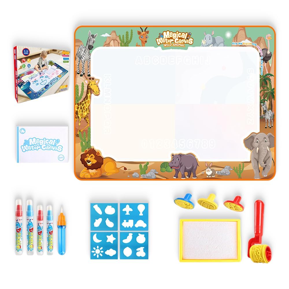 Extra Large Water Doodle Mat 59x40 Inches, Magic Drawing Mat for Kids with Desert Animal Design, Mess-Free Reusable Educational Toy for Ages 2-7, Includes Accessories