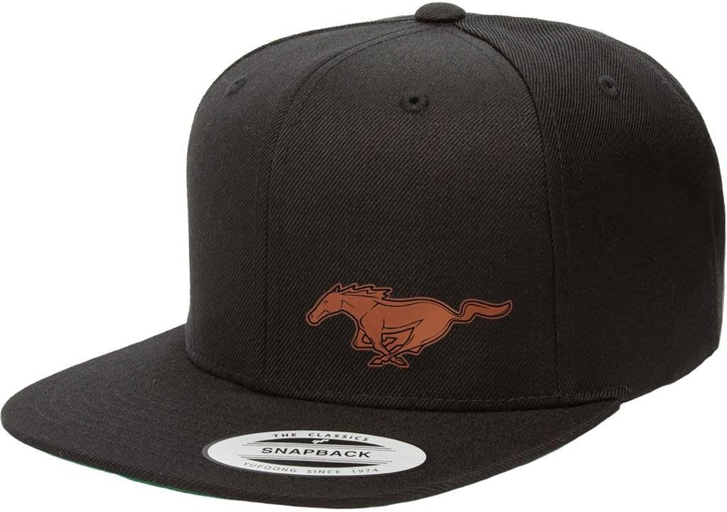 Ford Mustang Running Horse Side Logo Laser Engraved Leather Patch Yupoong 6089 Flat Bill Snapback Hat Cap