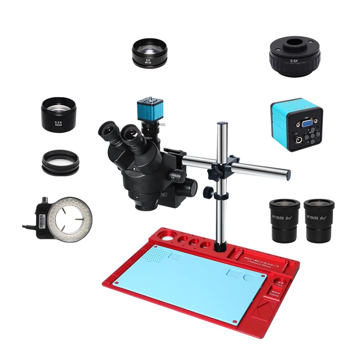 Microscope for PCB Soldering Repair Lab Industrial 7X 45X 90X Double Rod Simul-Focal Trinocular Stereo Microscope 1080P VGA 38MP HDMI Camera(VGA add 0.5X C Mount)