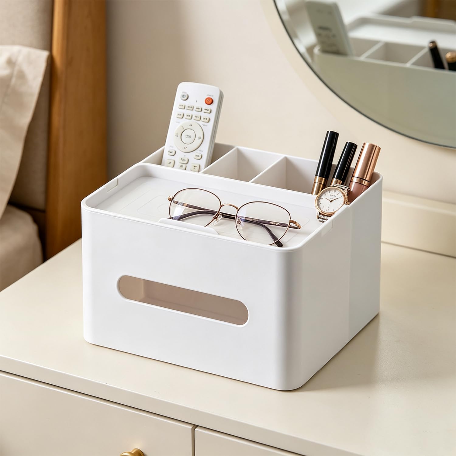 HornTide 5-en-1 Caja de pañuelos multifunción Organizador de encimera 3 Compartimentos 1x Bandeja Boutique Papelería Almacenamiento Caddy Caderas Plástico (Blanco)